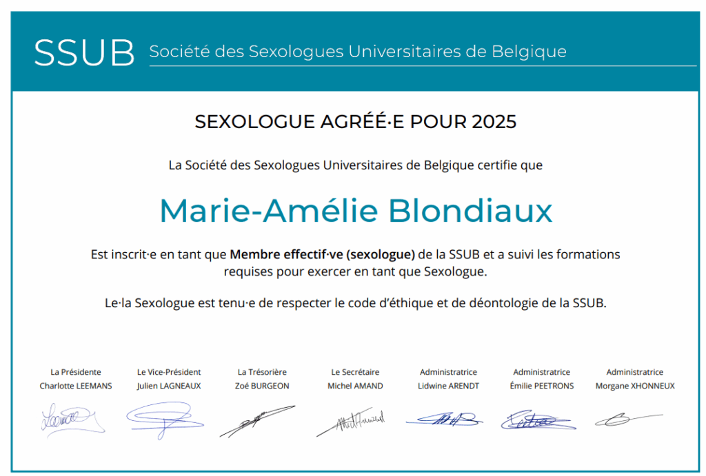 Certificat de sexologue agréée 2025 – Marie-Amélie Blondiaux, membre de la Société des Sexologues Universitaires de Belgique (SSUB)